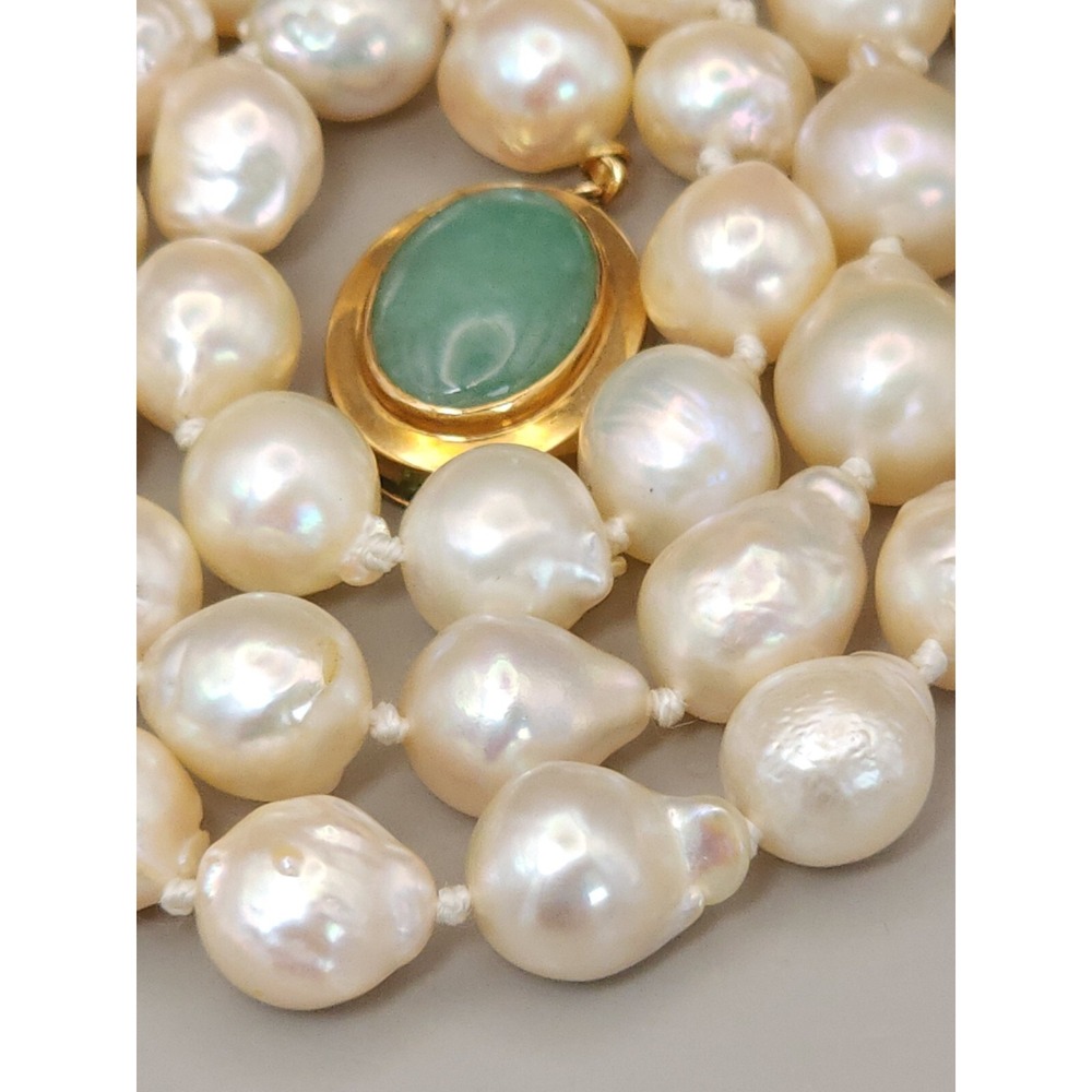 Natural Baroque Pearl necklace 18" 8.8mm Pearls Yellow Gold Jade Clasp HK